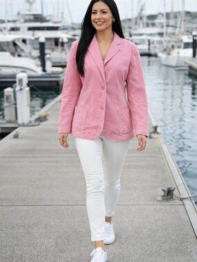 VTG Lands’ End Pink Blazer Womens 18 Cotton Twill Button Front Jacket Pockets